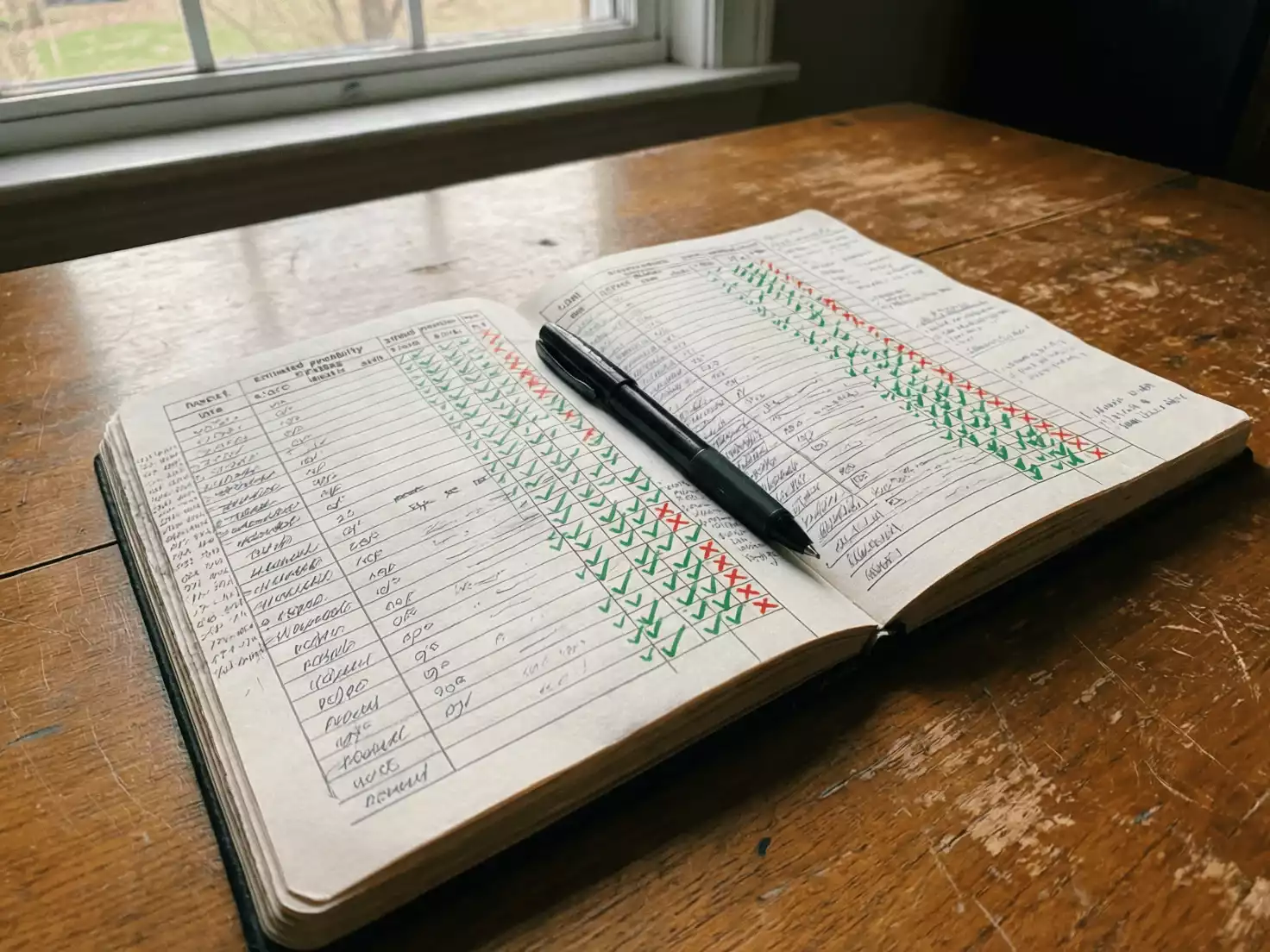 Cuaderno abierto con registro detallado de apuestas y resultados