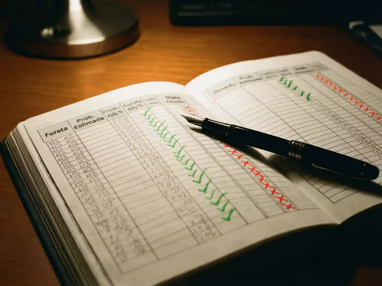 Cuaderno con registro de apuestas mostrando probabilidades estimadas, cuotas y stakes de Kelly