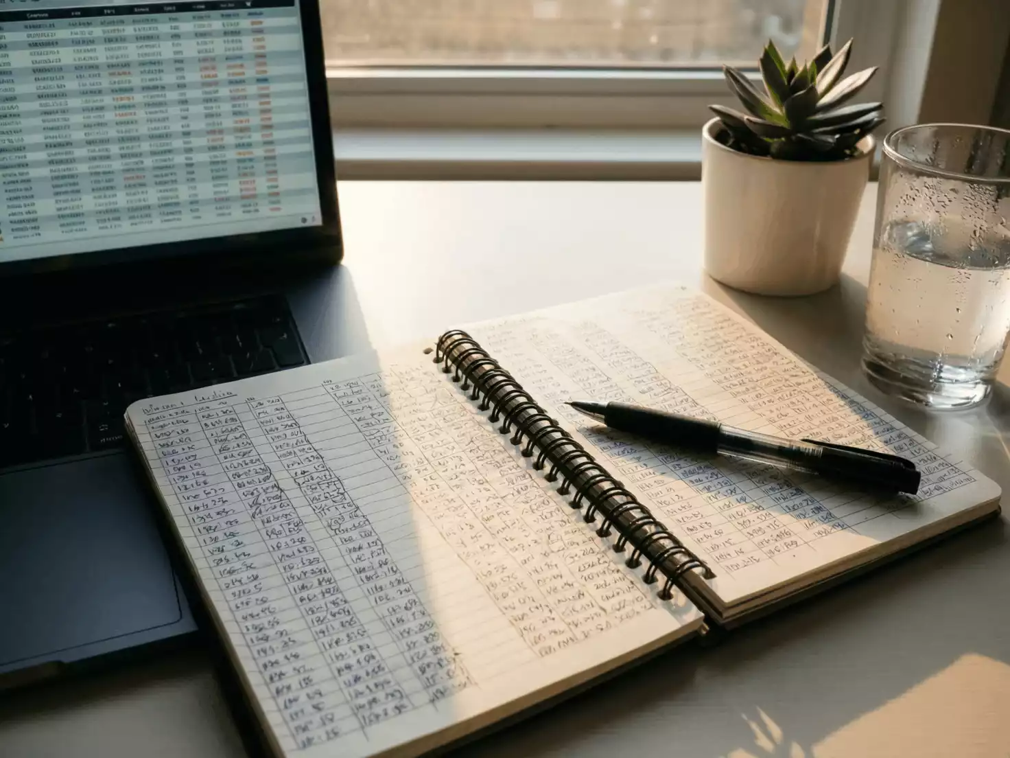 Escritorio organizado con libreta de notas, bolígrafo y pantalla mostrando datos de apuestas