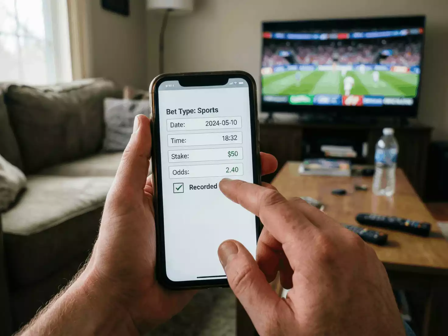 Persona anotando una apuesta en su móvil inmediatamente después de realizarla