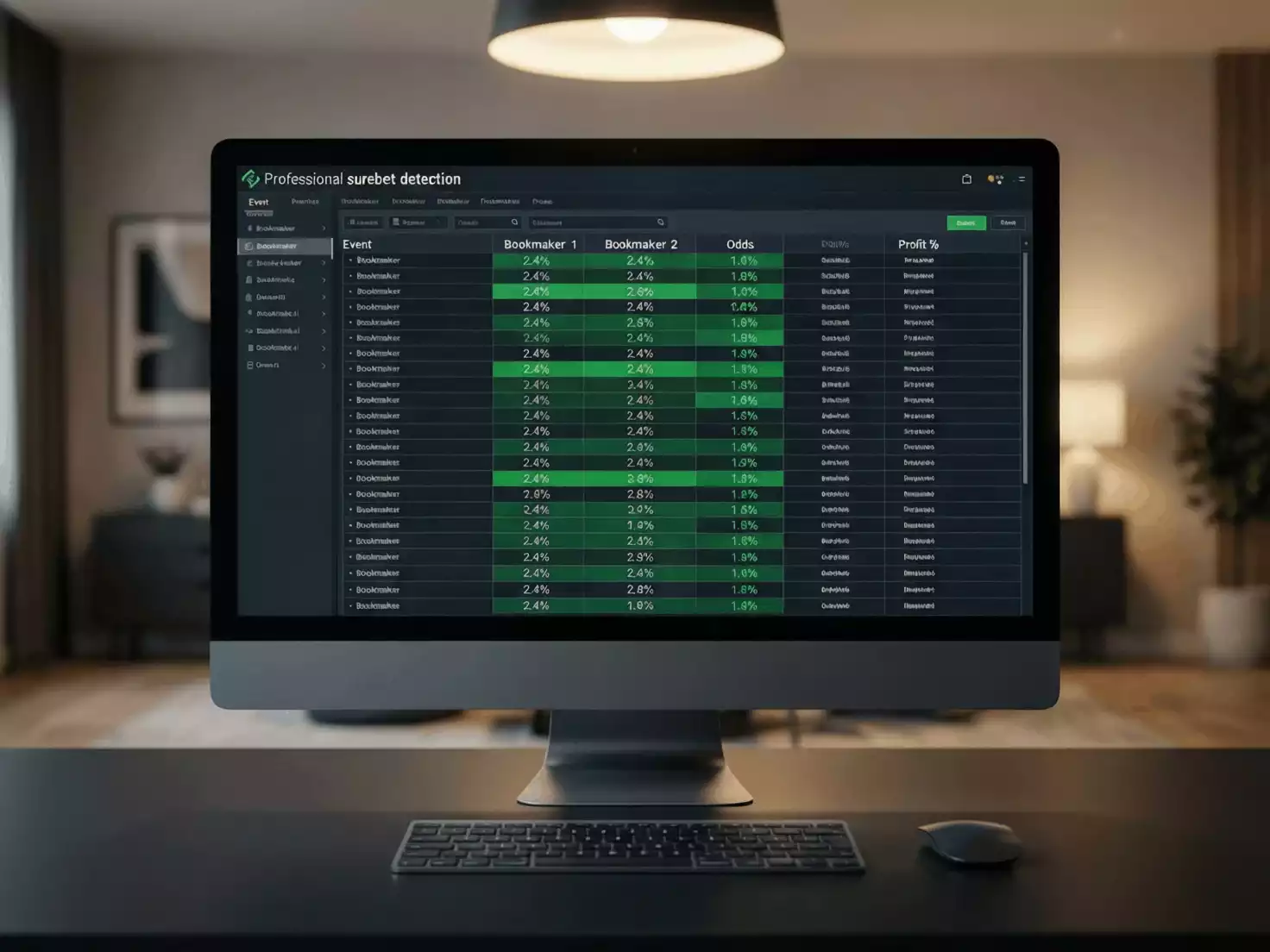 Pantalla de software de detección de surebets mostrando oportunidades de arbitraje