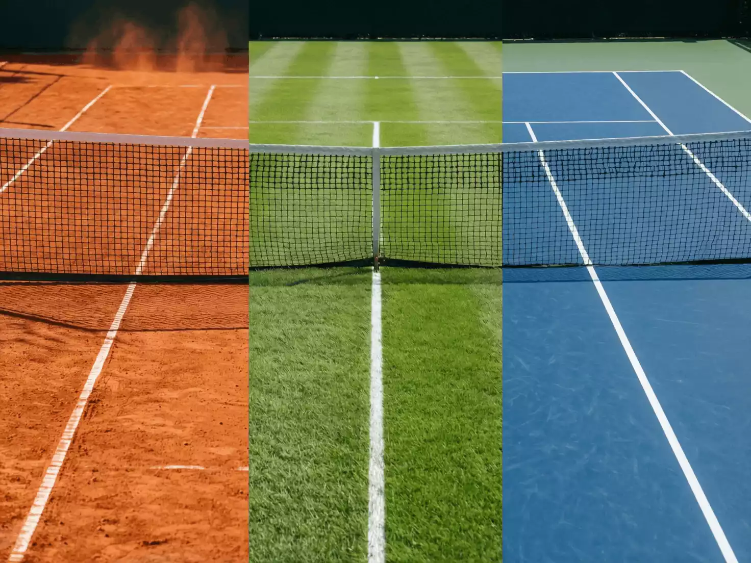 Collage mostrando diferentes superficies de tenis: tierra batida, césped y pista dura