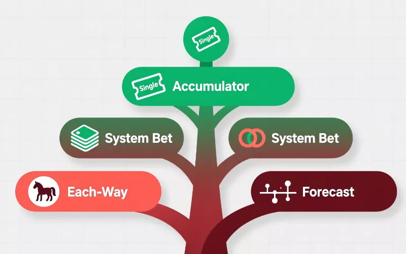 Esquema jerárquico de tipos de apuestas desde simples hasta complejas